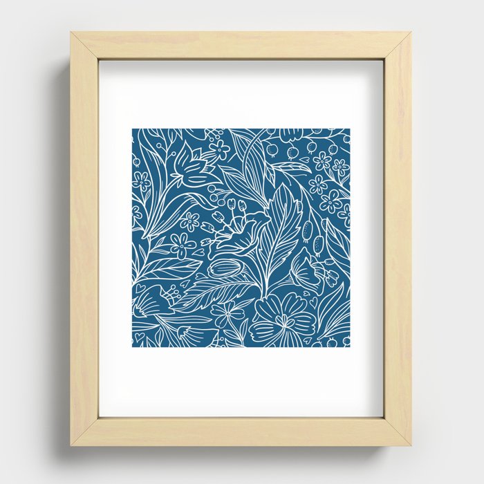 Leaves and flowers pattern on a dark blue background Recessed Framed Print