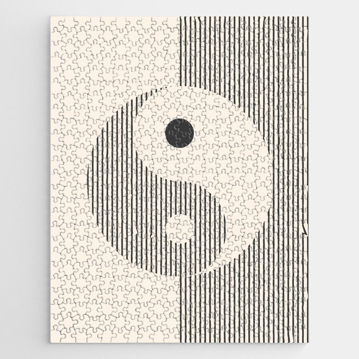 Geometric Lines Ying and Yang IX in Black and Beige Jigsaw Puzzle