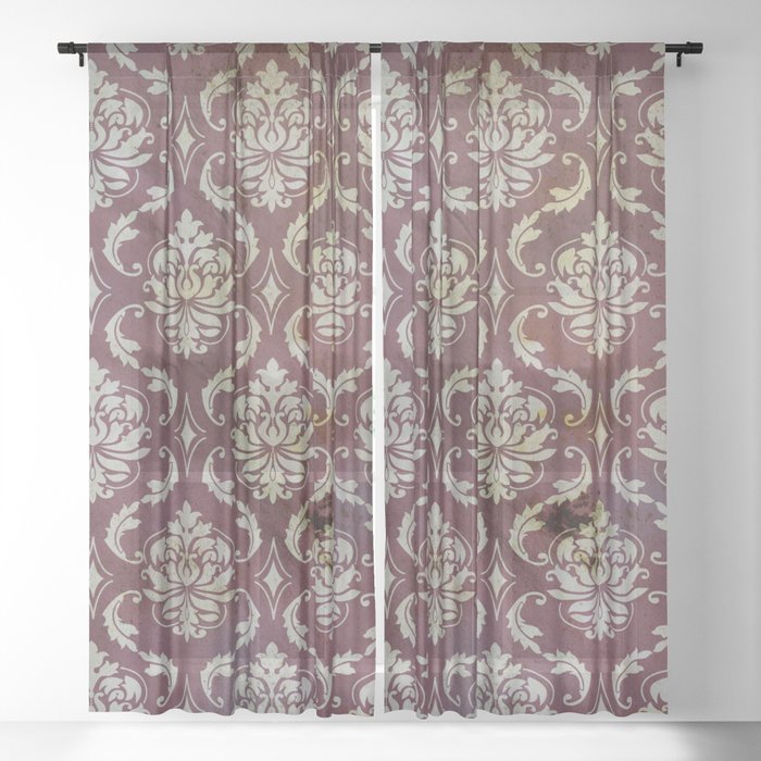 Vintage Antique Eggplant Colored Wallpaper Pattern Sheer Curtain