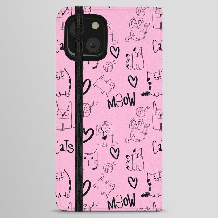 Pink cartoon cat pattern iPhone Wallet Case