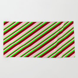 [ Thumbnail: Lime, Maroon, and Pink Colored Stripes/Lines Pattern Beach Towel ]