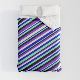[ Thumbnail: Vibrant Blue, Aquamarine, Black, Purple, and Mint Cream Colored Lined Pattern Duvet Cover ]
