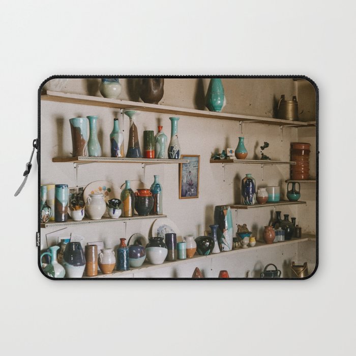 Mediterean ceramic shop filled with pots and vases | Greek Cycladic Islands | Vintage colorful travel print Laptop Sleeve
