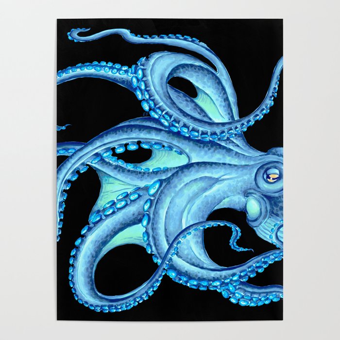 Blue Teal Octopus Tentacles Ink Black Nautical Marine Dance Poster