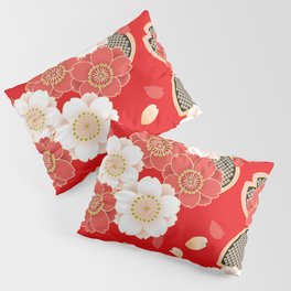 Japanese Vintage Red Black White Floral Kimono Pattern Pillow Sham