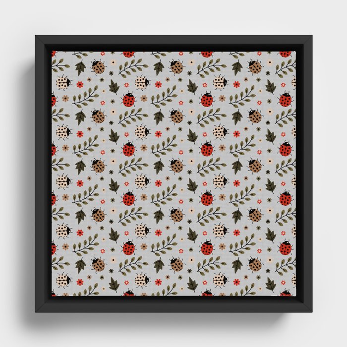 Ladybug and Floral Seamless Pattern on Light Grey Background Framed Canvas