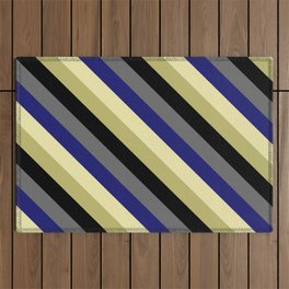 [ Thumbnail: Dim Grey, Midnight Blue, Pale Goldenrod, Dark Khaki & Black Colored Striped Pattern Outdoor Rug ]