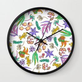 Botanica - White Wall Clock | Botanical, Gumnut, Rainbow, Sunsetcoast, Kangaroopaw, Wattle, Flowers, Australia, Australiana, Leaves 
