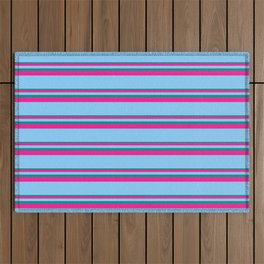 [ Thumbnail: Dark Cyan, Deep Pink, and Light Sky Blue Colored Lined Pattern Outdoor Rug ]
