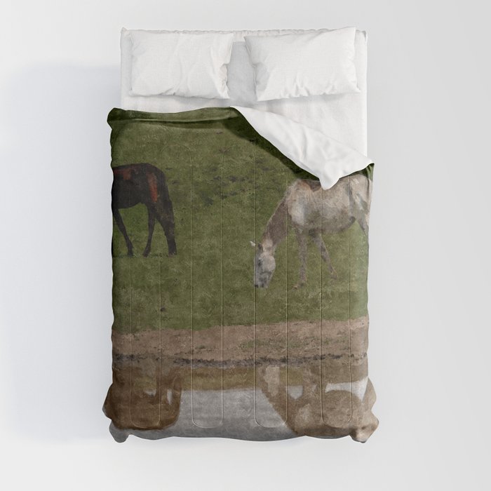 Grazing Horses by the River Comforter