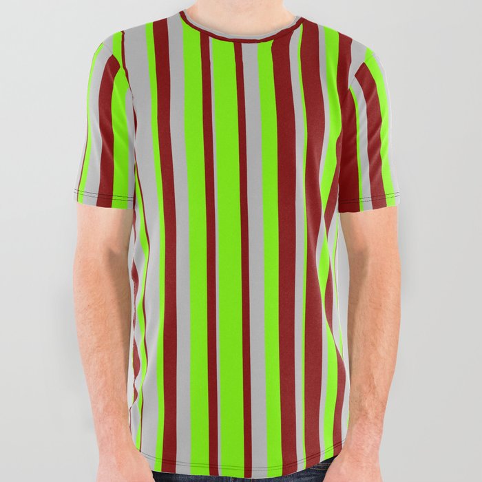 Grey, Chartreuse, and Maroon Colored Striped Pattern All Over Graphic Tee