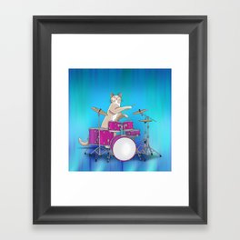 Cat Playing Drums - Blue Framed Art Print