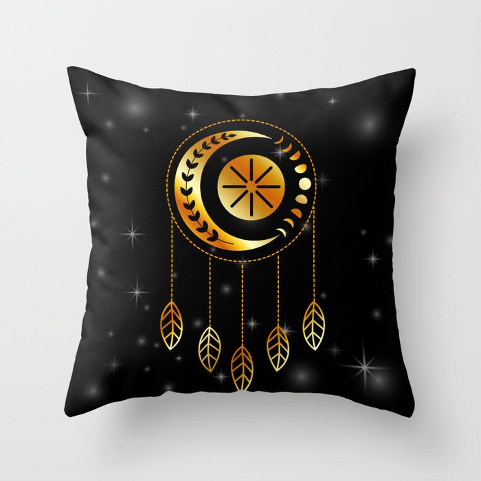 Tribal moon phases dream catcher in gold Throw Pillow