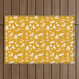 Mustard And White Summer Beach Elements Pattern Outdoor Rug