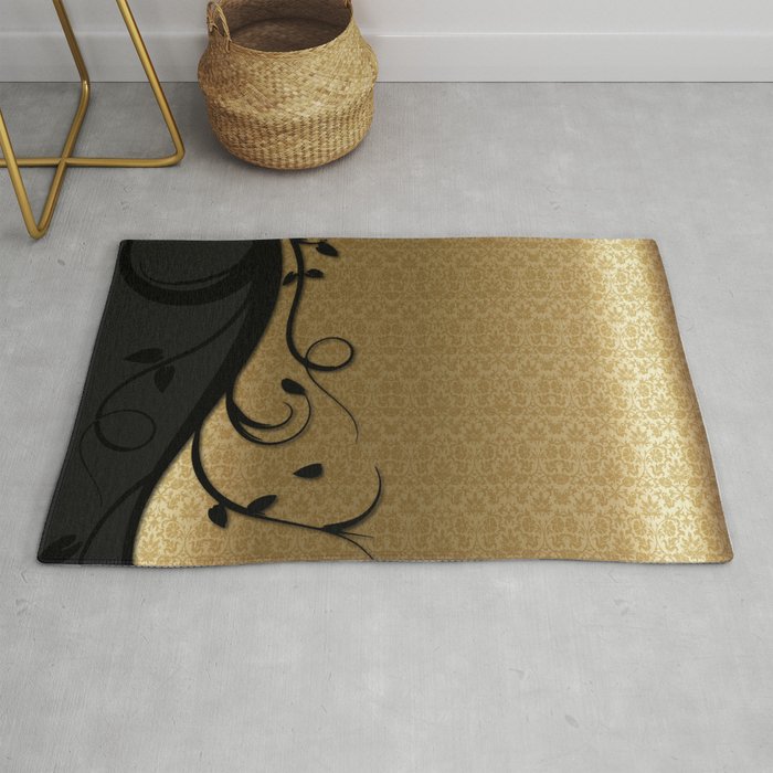 Swirly Black and Gold Damask Pattern Rug