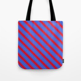 [ Thumbnail: Royal Blue and Red Colored Lined/Striped Pattern Tote Bag ]