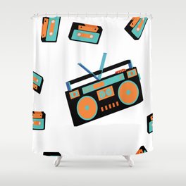 Texture seamless pattern from old vintage retro hipstersih stylish isometric music audio tape recorder. Listen to audio cassettes from the 70's, 80's, 90's. The background. Vintage illustration.  Shower Curtain
