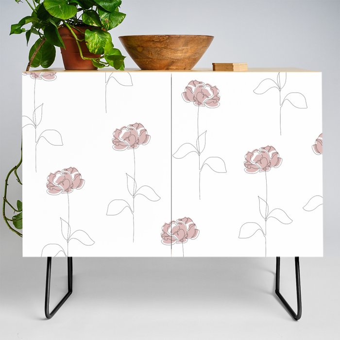 Blush Peony / Single pink flower line drawing Credenza