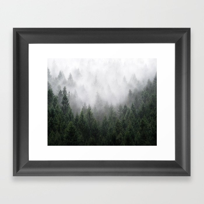Home Is A Feeling // Wild Romantic Misty Fairytale Wilderness Forest With Trees Covered In Fog Framed Art Print