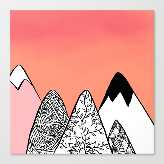 Modern abstract pink coral watercolor sky black white geometric floral mountains illustration Canvas Print