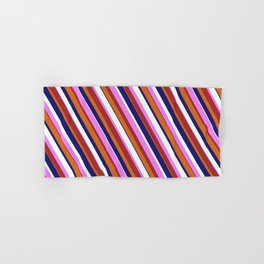 [ Thumbnail: Eyecatching Chocolate, Midnight Blue, Mint Cream, Violet & Brown Colored Lines Pattern Hand & Bath Towel ]