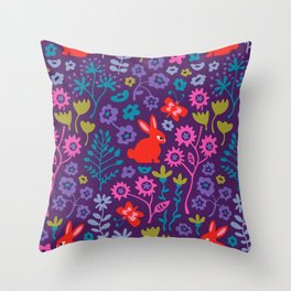 BUNNY RABBIT - Rabbit and Flowers in Sweet Brights Red Purple Pink Blue Green Throw Pillow