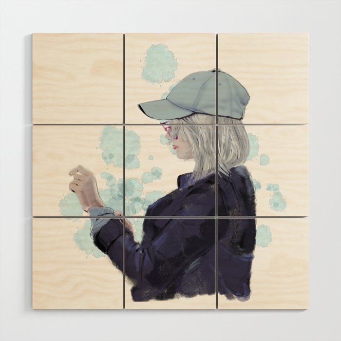 Girl in a cap. Woman Illustration.  Wood Wall Art