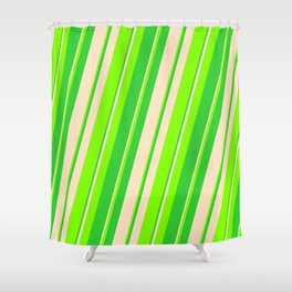 [ Thumbnail: Bisque, Chartreuse, and Lime Green Colored Striped Pattern Shower Curtain ]