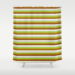 [ Thumbnail: Eyecatching Light Grey, Green, Dark Goldenrod, Brown, and Beige Colored Lined Pattern Shower Curtain ]