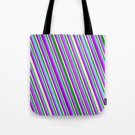 [ Thumbnail: Eye-catching Forest Green, Sky Blue, Orchid, Dark Violet, and Beige Colored Striped/Lined Pattern Tote Bag ]