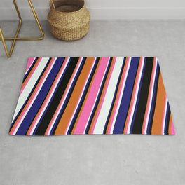 [ Thumbnail: Chocolate, Hot Pink, Mint Cream, Midnight Blue & Black Colored Lines/Stripes Pattern Rug ]