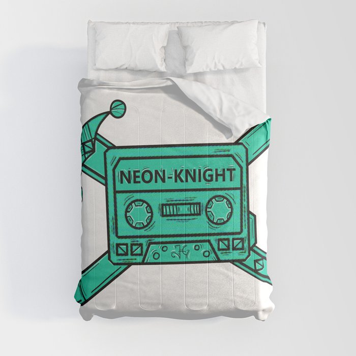 Neon Knight Cyan Cassette and Sword Crest Comforter