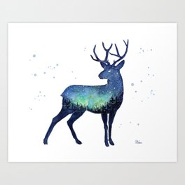 Galaxy Reindeer Silhouette with Northern Lights Art Print