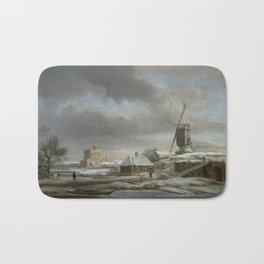 Jacob van Ruisdael - Winter landscape with windmil and a house in scaffolding Bath Mat | Landscapeart, Ice, Poster, Oilpaint, Scaffold, Illustration, Old, Wallart, Artprint, Painting 