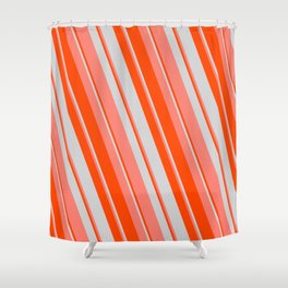 [ Thumbnail: Red, Light Grey & Salmon Colored Striped/Lined Pattern Shower Curtain ]