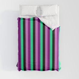 [ Thumbnail: Orchid, Purple, Green, and Black Colored Lined/Striped Pattern Duvet Cover ]