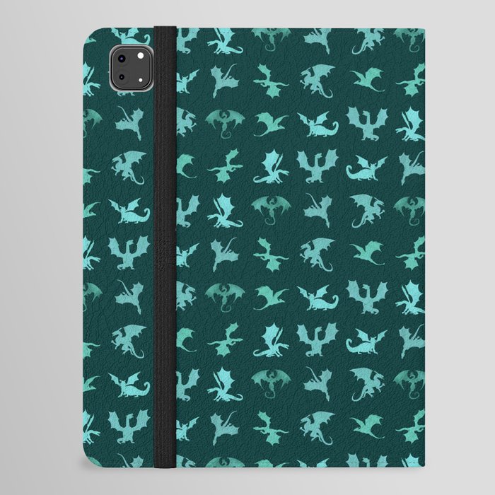 Dragon Silhouette in Fantasy Green Watercolor iPad Folio Case