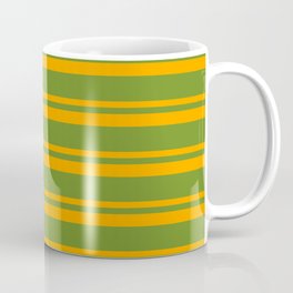 [ Thumbnail: Green & Orange Colored Lined/Striped Pattern Coffee Mug ]