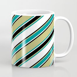 [ Thumbnail: Dark Khaki, Dark Cyan, White & Black Colored Lined/Striped Pattern Coffee Mug ]