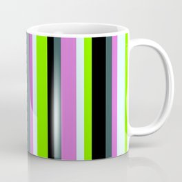[ Thumbnail: Dark Slate Gray, Orchid, Light Cyan, Chartreuse & Black Colored Lines/Stripes Pattern Coffee Mug ]