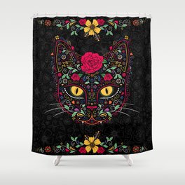 Day of the Dead Kitty Cat Sugar Skull Shower Curtain