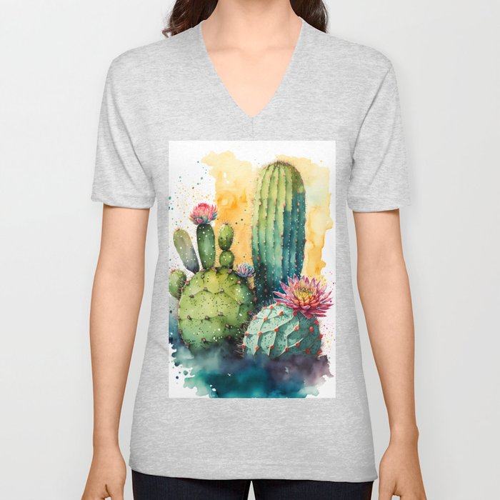 Cactus Watercolor V Neck T Shirt