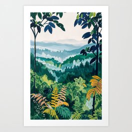 Matisse Inspired Rainforest Jungle Painting with Lush Greenery and Distant Mountains Art Print