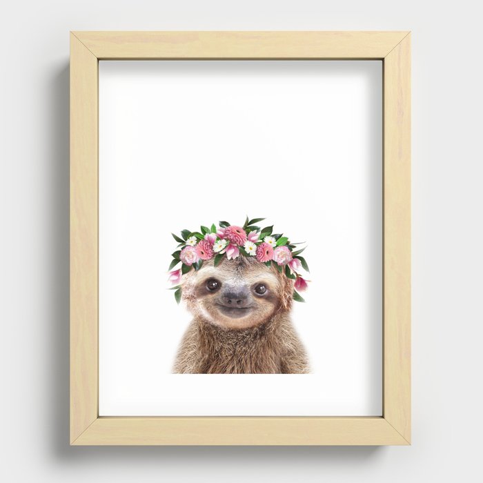 Baby Sloth with Flower Crown, Baby Girl, Pink Nursery, Baby Animals Art Print by Synplus Recessed Framed Print