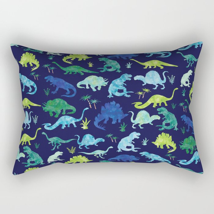Watercolor Dinosaur Blue Green Dino Pattern Rectangular Pillow