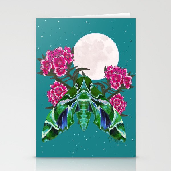 Oleander Hawk Moth in the Moonlight-- Teal Stationery Cards