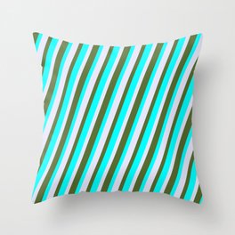 [ Thumbnail: Lavender, Dark Olive Green, and Cyan Colored Lines Pattern Throw Pillow ]