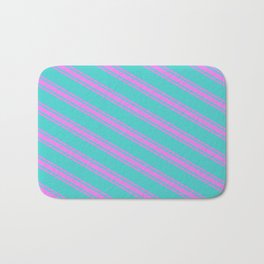 [ Thumbnail: Turquoise & Violet Colored Lined/Striped Pattern Bath Mat ]