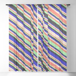 [ Thumbnail: Eye-catching Blue, Bisque, Red, Green, and Black Colored Lines/Stripes Pattern Sheer Curtain ]