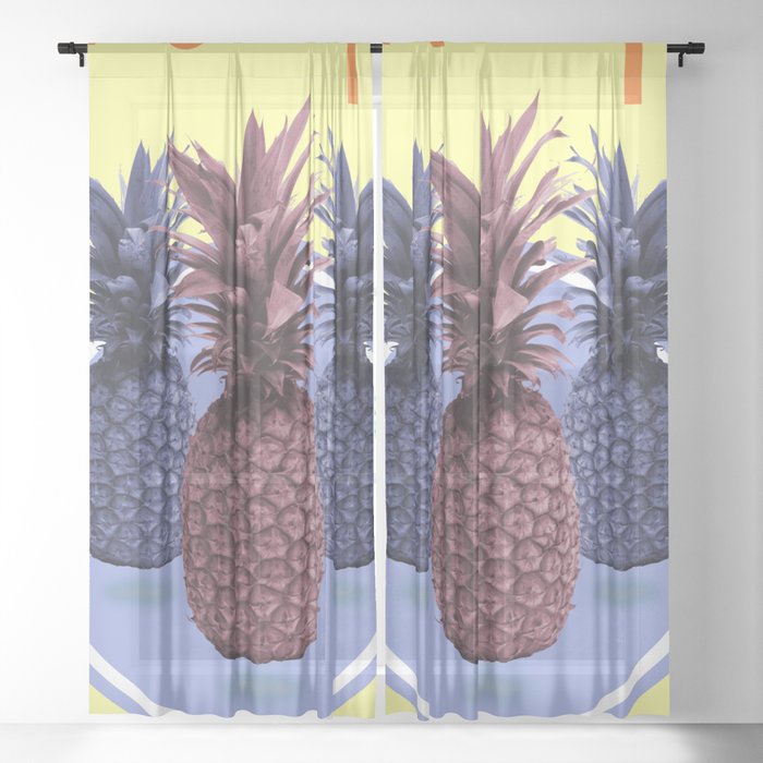Pineapple Print - Tropical Decor - Botanical Print - Pineapple Wall Art - Yellow, Blue - Minimal Sheer Curtain